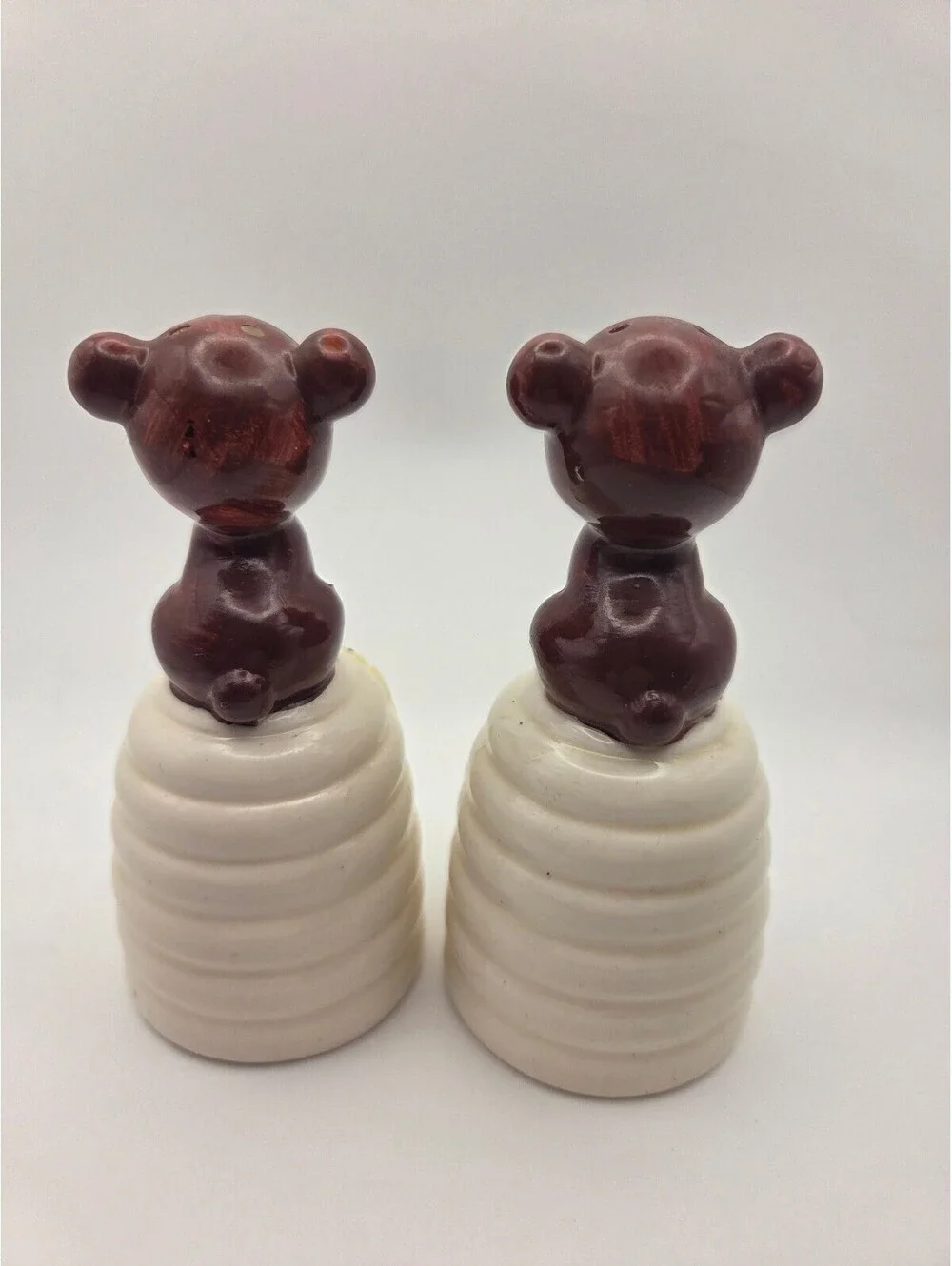 Vintage Ceramic Bear and Beehive Salt and Pepper Shakers Set Anthropomorphic